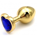 Золотая металлическая анальная пробка с синим камушком в виде сердечка S