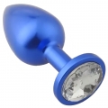 Синяя металлическая анальная пробка с прозрачным камушком M
