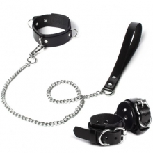 Кожаный набор ошейник с поводком и наручники черный
