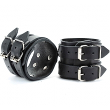 Широкие наручники из плотной натуральной кожи с двумя ремешками